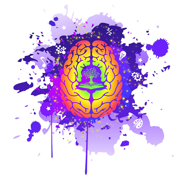 A vector illustration of a rainbow-colored brain with a small tree and book in the center, surrounded by blue and purple paint splatters