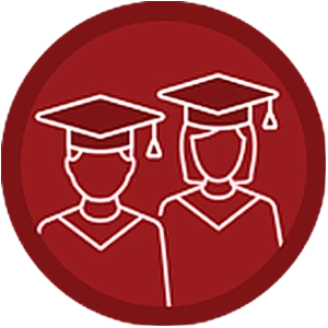Round red icon with white line illustration of two graduates in caps and gowns in the center