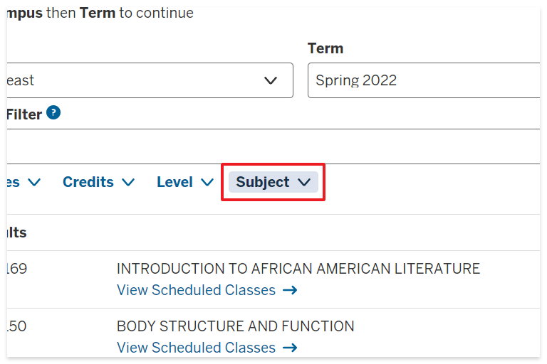 Filtering by subject in IU Southeast's course search